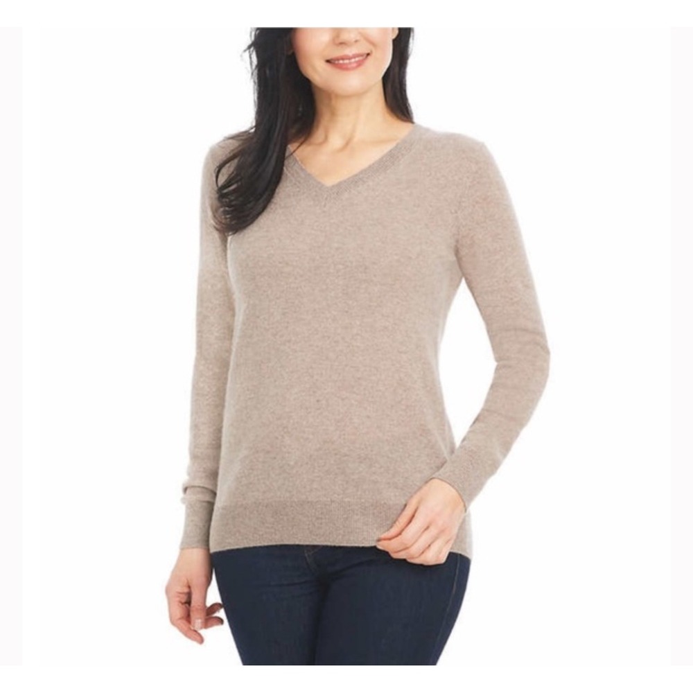 Hilary Radley Womens V Neck Cashmere Sweater Medium M Taupe Neutral Soft‎ Knit